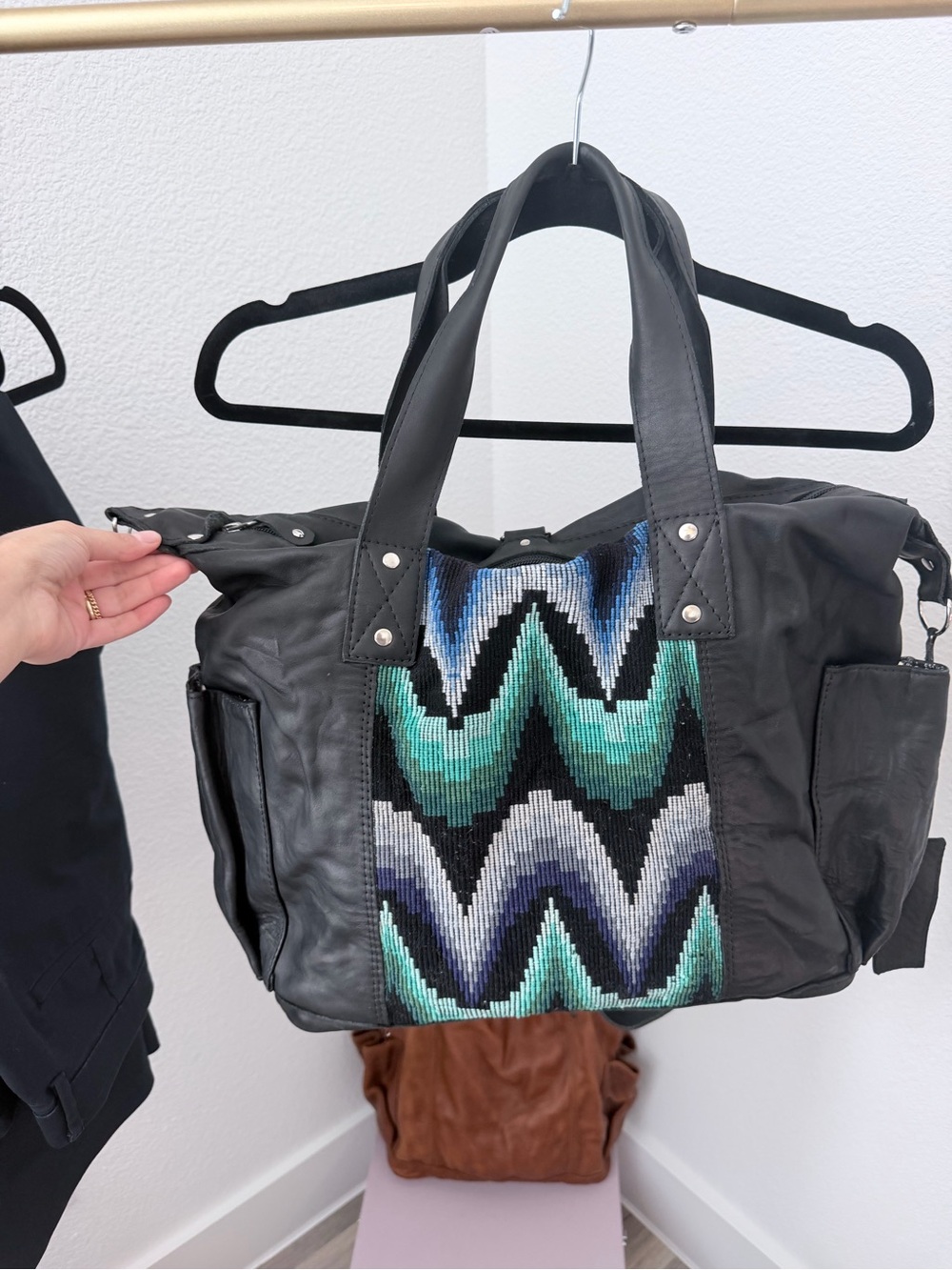 Nena & Co. Black Leather Tote Bag with Teal & Blue Beaded Chevron Panel